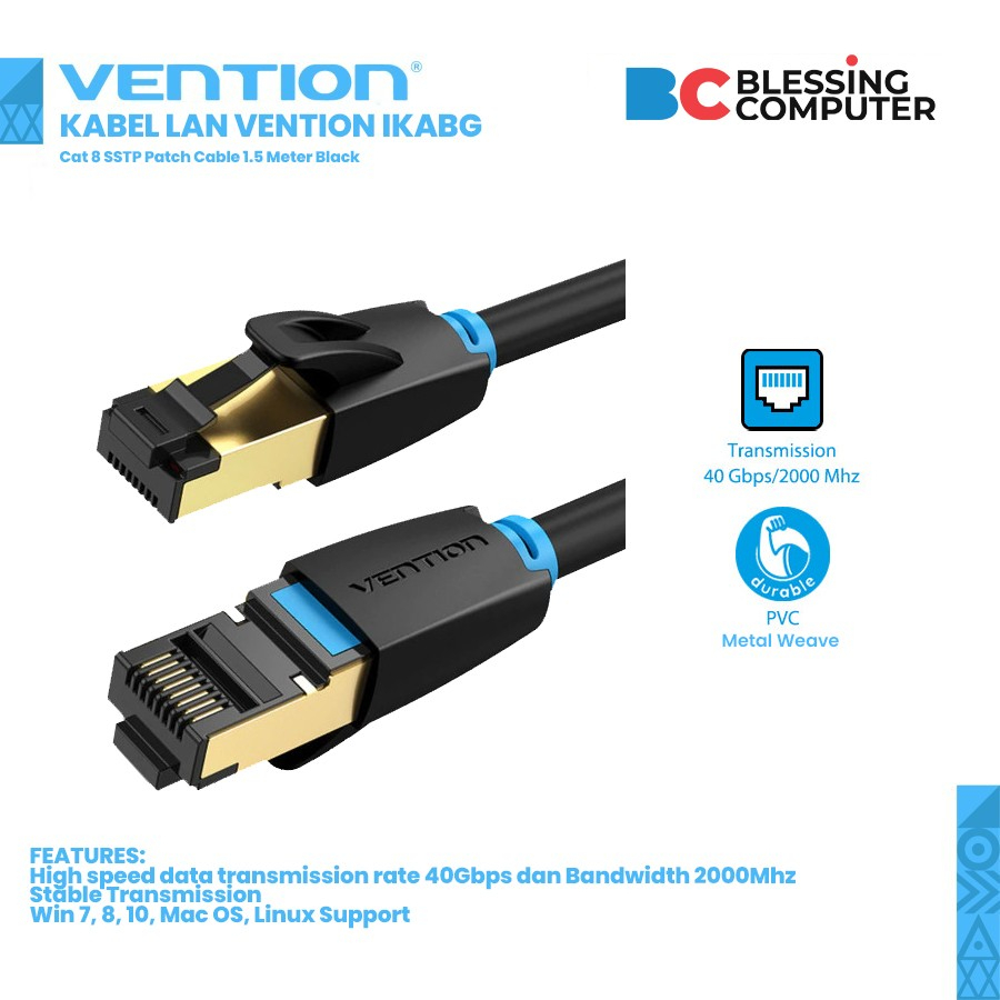 VENTION IKABH Cat 8 SSTP สายแพทช์ 2 เมตร สีดํา