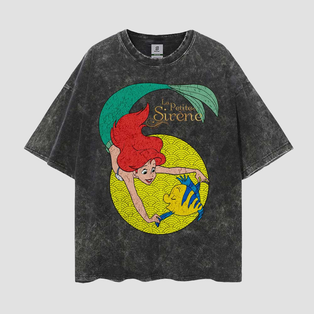 Mermaid La Petite Siren สไตล์วินเทจ Oversize Washed Tee