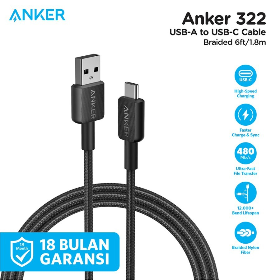 Anker 322 Fast Charging USB-A ถึง USB-C 6ft A81H6 สายชาร์จ