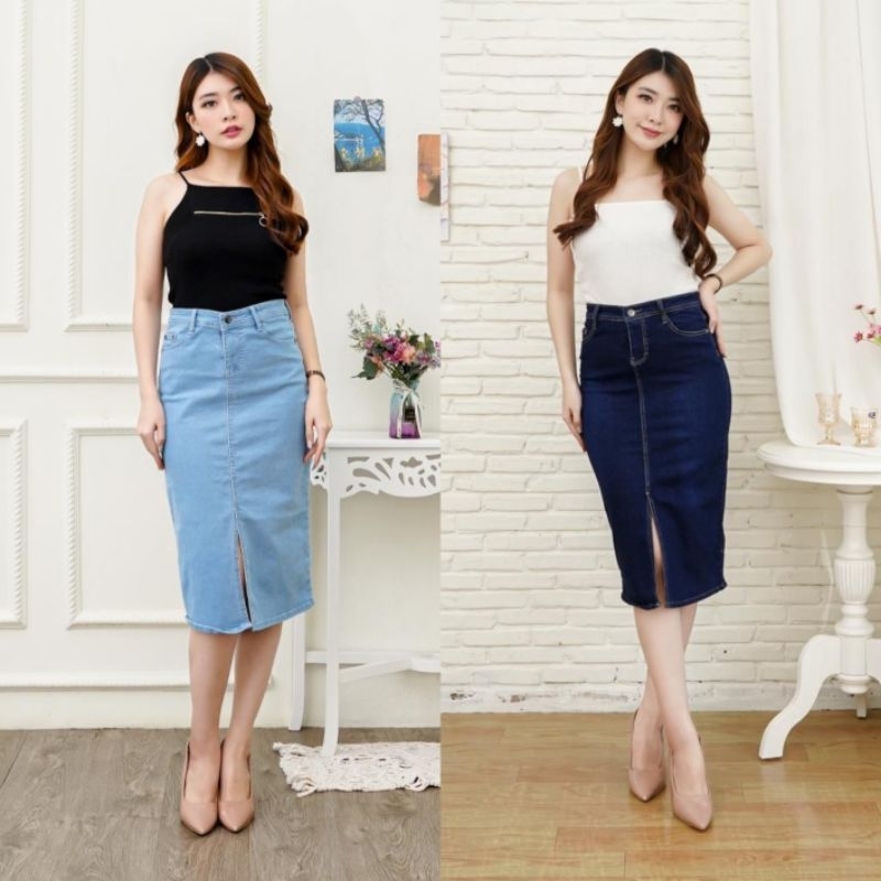 Midi Jeans Skirt - Pamelo 7/8 Midi Jeans Skirt Front Split Span Skirt (27-30)
