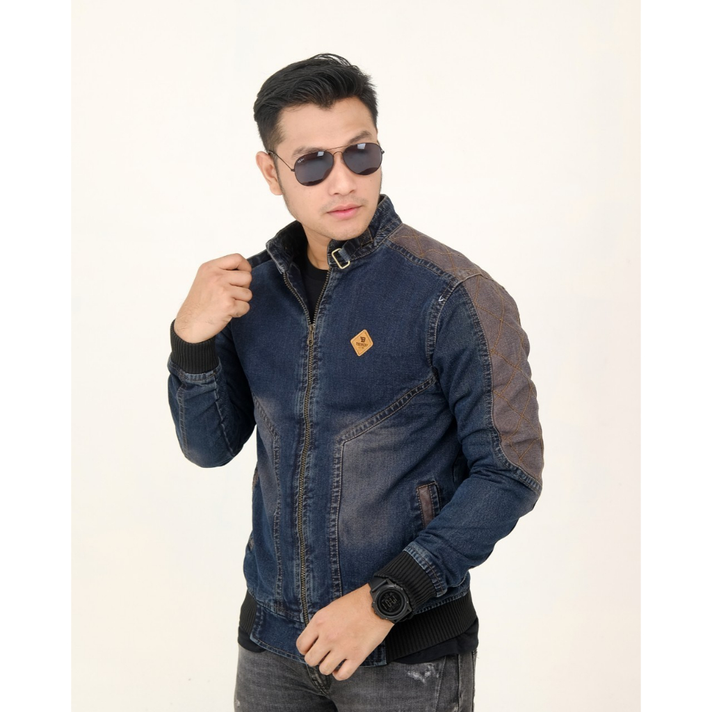 TANS - The Berry Mens Leather Logo Jeans Jacket / Shoulder Denim Jacket