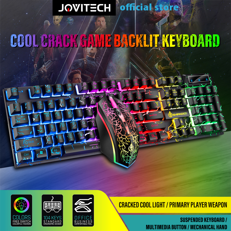 Jovitech คีย์บอร์ดแบบมีสาย Cool Crack เกม Backlit คีย์บอร์ดเมาส์ G12 RGB สาย USB คีย์บอร์ดและเมาส์ -