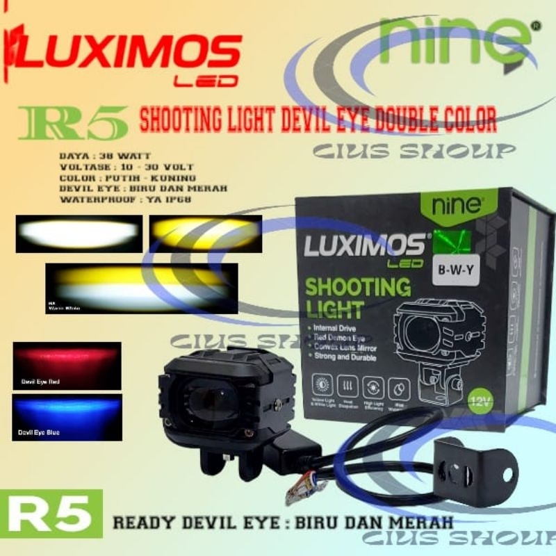 Putih Luximos SHOOTING LIGHT R5 38W DEVIL EYE 2 สีสีขาวสีเหลืองรถจักรยานยนต์และสปอตไลท์รถยนต์