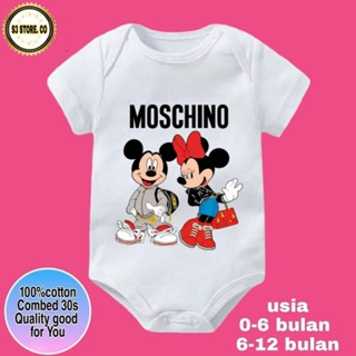 ชุดจั๊มสูท เสื้อยืด ผ้าฝ้าย แขนสั้น พิมพ์ลาย BABY MOSCHINO MICKEY &amp; MINNIE MOUSE BABY 30s สําหรับเด็กผู้ชาย และเด็กผู้หญิง