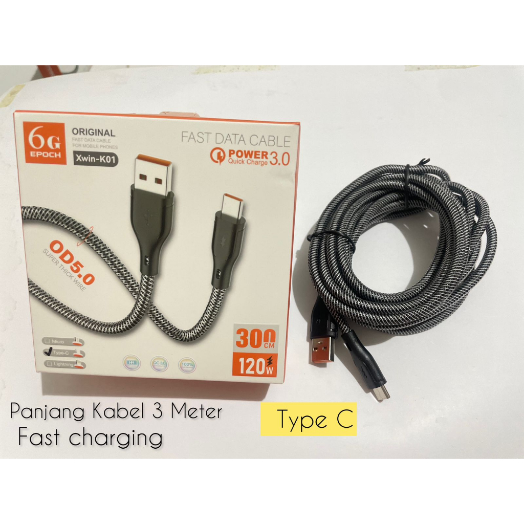 สายเคเบิลข้อมูลสําหรับ Type C ความยาว 3 เมตร 120W Fast Data Cable Super Long Charger 6G Xwin-K01