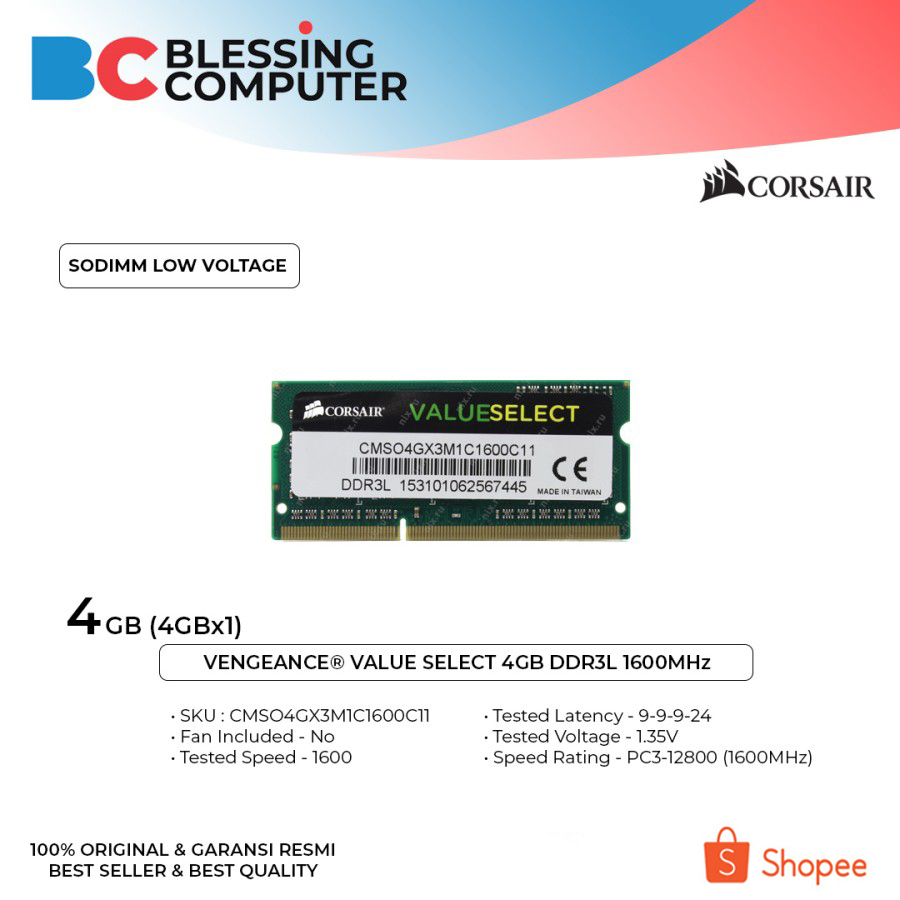 Sodimm 4GB CORSAIR VALUE SELECT DDR3L 1600MHz Low [CMSO4GX3M1C1600C11]