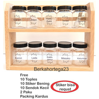 Rak Bumbu 2 Susun Free Toples, Sendok, Stiker Transparan yg bisa Request nama2 bumbunya