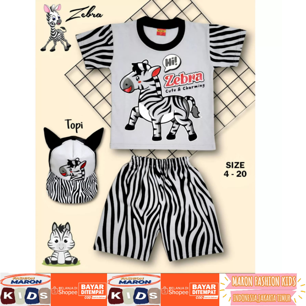 Zebra MOTIF CHILDREN& 39;S CLOTHING SET ฟรีหมวกสําหรับ BOYS AND GIRLS AGED 2-10 ปีสามารถ PAY AT SAME