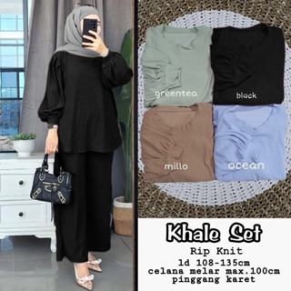 Hitam ชุดสูทผู้หญิง KHALE SET WD SIZE M L XL XXL วัสดุ RIP KNIT ชุดสูทผู้หญิง รุ่นล่าสุด สีดํา OCEAN MILO GREENTEA ONE JUMBO ผู้หญิง สไตล์เกาหลี ชุดธรรมดา เรียบง่าย ราคาถูก เสื้อ + กางเกงยาว ไม่มี HIJAB