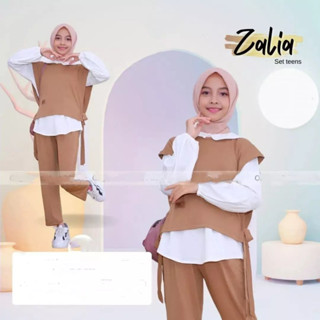 Zalia ชุดเสื้อแขนสั้น กางเกงขายาว ลาย GAMIS M L XL สไตล์เกาหลี เรียบง่าย นําเข้า สีบลูบราวน์ สําหรับเด็กผู้หญิง