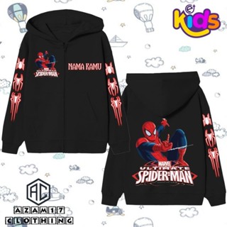 เสื้อแจ็กเก็ต มีฮู้ด แต่งซิป ลาย Marvel Ultimate Spiderman Free Your Name สําหรับเด็กผู้ชาย และเด็กผู้หญิง