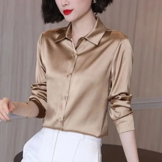 เสื้อเชิ้ตแขนยาว ผ้าเรยอน ลาย SATIN CREAM หรูหรา สไตล์นักธุรกิจ สําหรับผู้หญิง