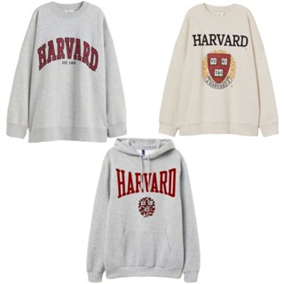 H&amp;M เสื้อกันหนาว มีฮู้ด พิมพ์ลาย hnm Harvard สีเทาอ่อน