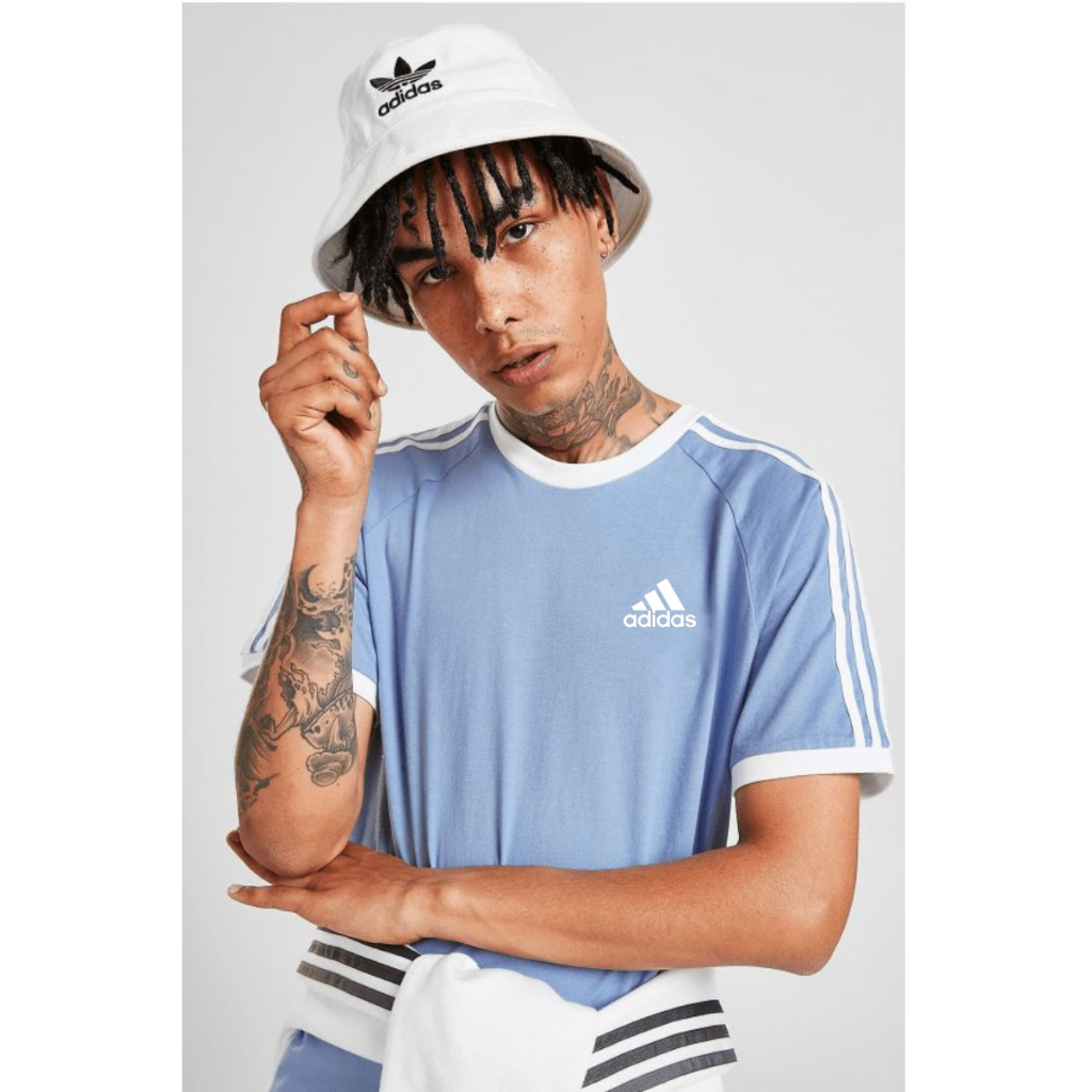 Adidas เสื้อยืดลําลอง แขนสั้น ลายทาง โลโก้สีฟ้า สําหรับผู้ชาย ผู้หญิง 3 ชิ้น | เสื้อกีฬา แขนสั้น สําหรับผู้ชาย