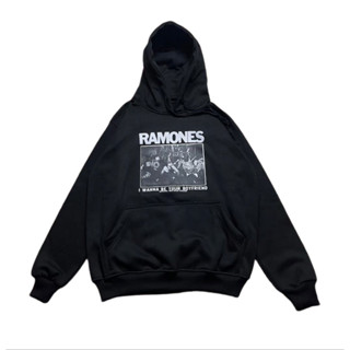 H&amp;m RAMONES I WANNA BE YOUR BOYFRIEND เสื้อแจ็กเก็ต มีฮู้ด สีดํา