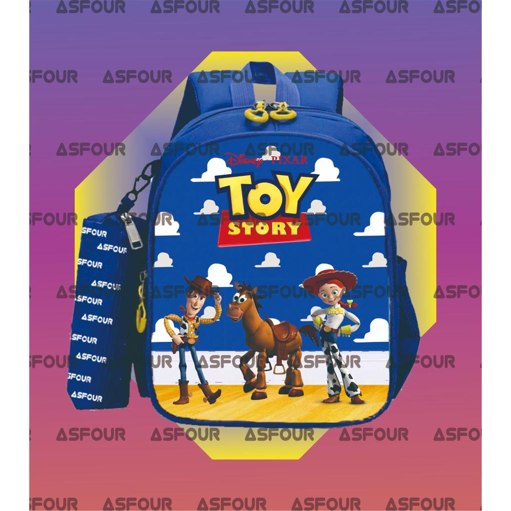 Asfour - Toy Story Buzz Woody กระเป๋านักเรียนเด็กกระเป๋าเป้สะพายหลังเด็กชายหญิงกระเป๋านักเรียนประถมโรงเรียนอนุบาลการศึกษาปฐมวัย Buzz Lightyear จ่ายบนกรณีดินสอฟรี