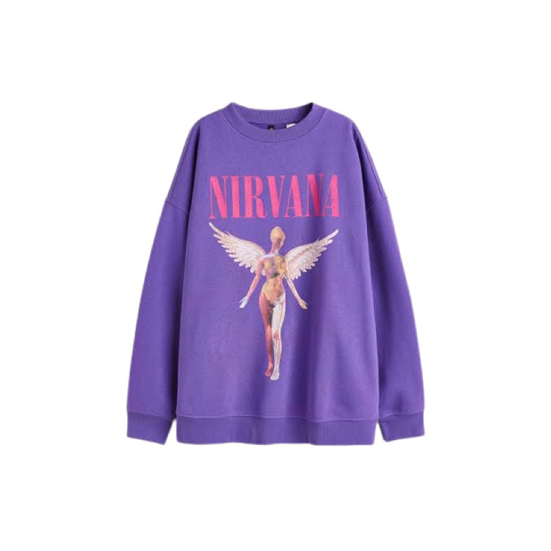 (6.6) เสื้อสเวตเตอร์ คอกลม H&M Nirvana in Utero เสื้อสเวตเตอร์สีม่วง HnM ผู้ชายผู้หญิง