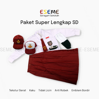Setelan Super Lengkap Perempuan Seragam Sekolah SD Panjang Cewek Hijab Topi Dasi Gesper Kaos Kaki