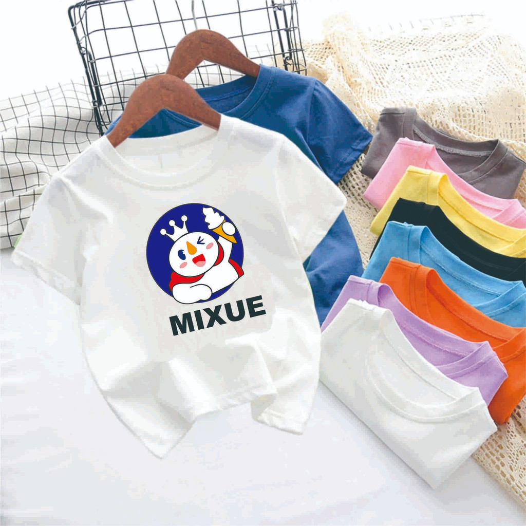 Putih MERAH สั้น MIXUE เสื้อยืดเด็ก/UNISEX เด็ก MIXUE เสื้อยืดอายุ 2-12 ปี/VIRAL MIXUE เสื้อสีแดงสีฟ