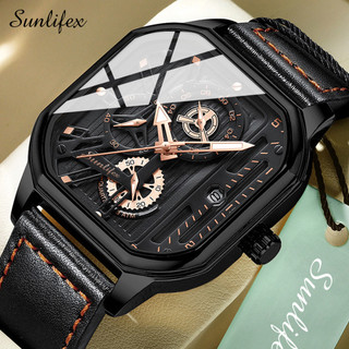 Sunlifex Jam Tangan Pria 9095 Kuarsa Olahraga Kasual Tali Kulit Pria Jam Tangan Cowok