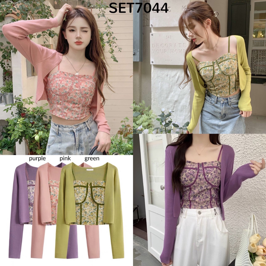 SET7044 เสื้อสายเดี่ยวกํามะหยี่ลายดอกไม้พร้อมชุด Cardi