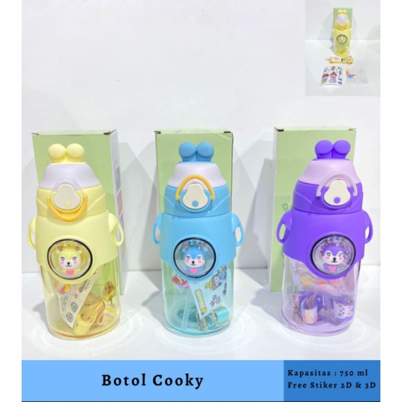 ขวดตัวละคร Cooky ความหนา 750 มล. สายรัดยาวฟรีดั้งเดิมและสติ๊กเกอร์ 3D 2D