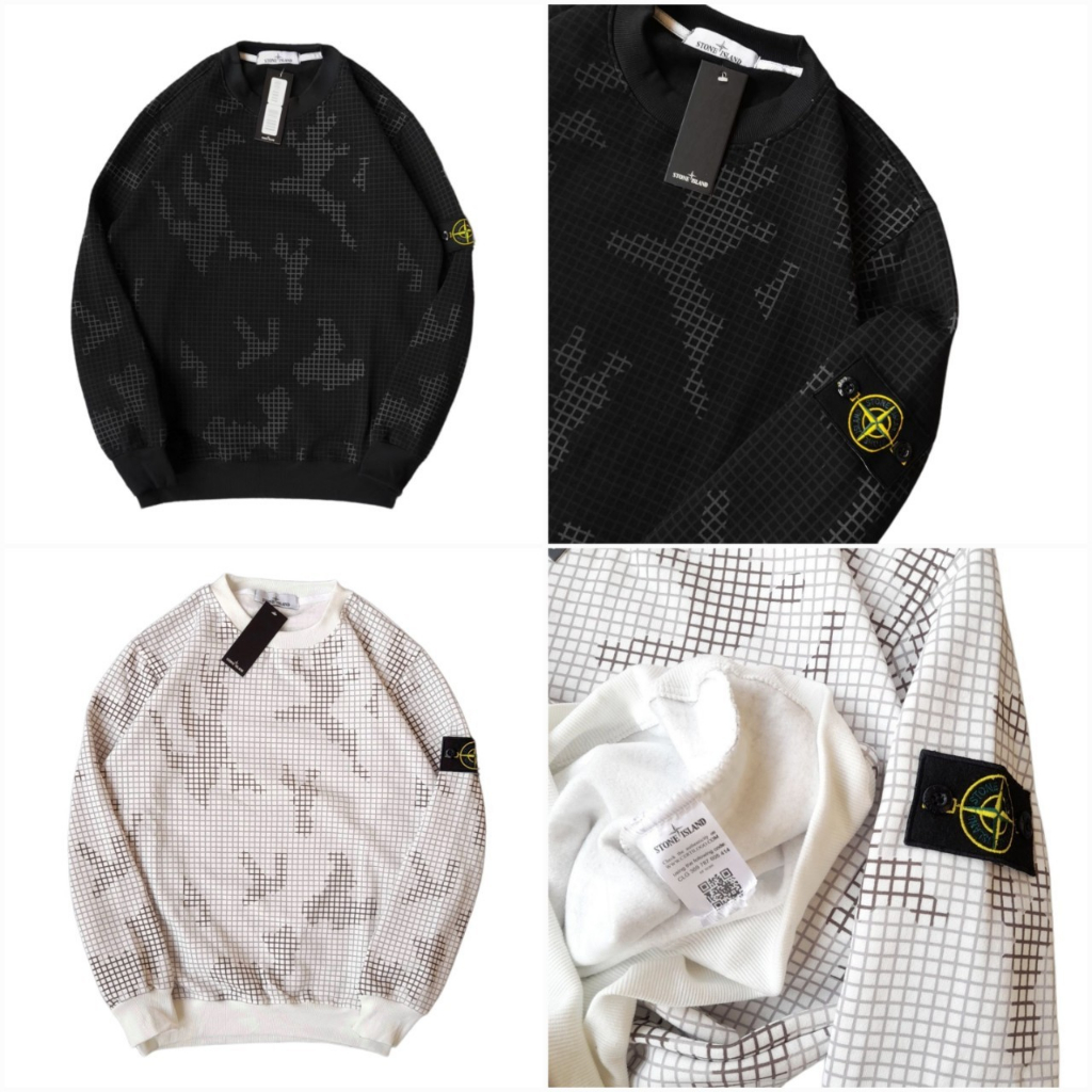 Crewneck STONE ISLAND PATCH CAMO PIXEL เสื้อแจ็คเก็ตสเวตเตอร์สีดําและสีขาว