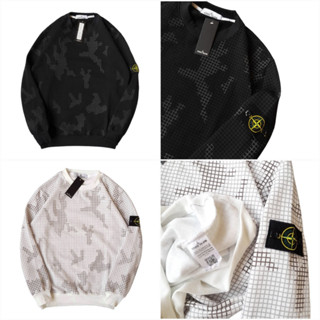 เสื้อแจ็กเก็ตกันหนาว คอกลม พิมพ์ลายโลโก้ STONE ISLAND PATCH ลายพราง สีดํา และสีขาว