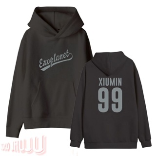 เสื้อกันหนาว มีฮู้ด ลาย Jumper Exo Font Exoplanet สีเงิน