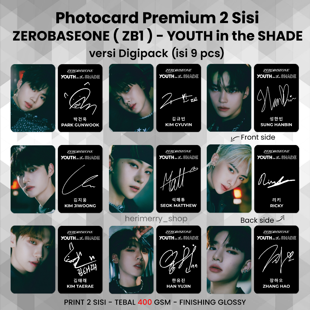 (CONTENTS 9 ชิ้น) ZB1 ZEROBASEONE YOUTH Photocard in the SHADE - พรีเมี่ยม 2 ด้าน Photocard Kpop Mer