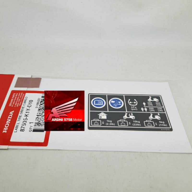 TIRE DRIVE CARGO LABEL STICKER PCX 160 K1Z 87505K1YD10 ORIGINAL HONDA TIRE INFORMATION LABEL STICKER