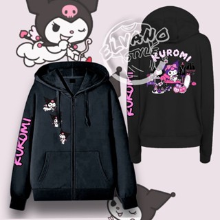 เสื้อกันหนาว มีฮู้ด แต่งซิป พิมพ์ลายตัวอักษร Kuromi สําหรับเด็กผู้หญิง