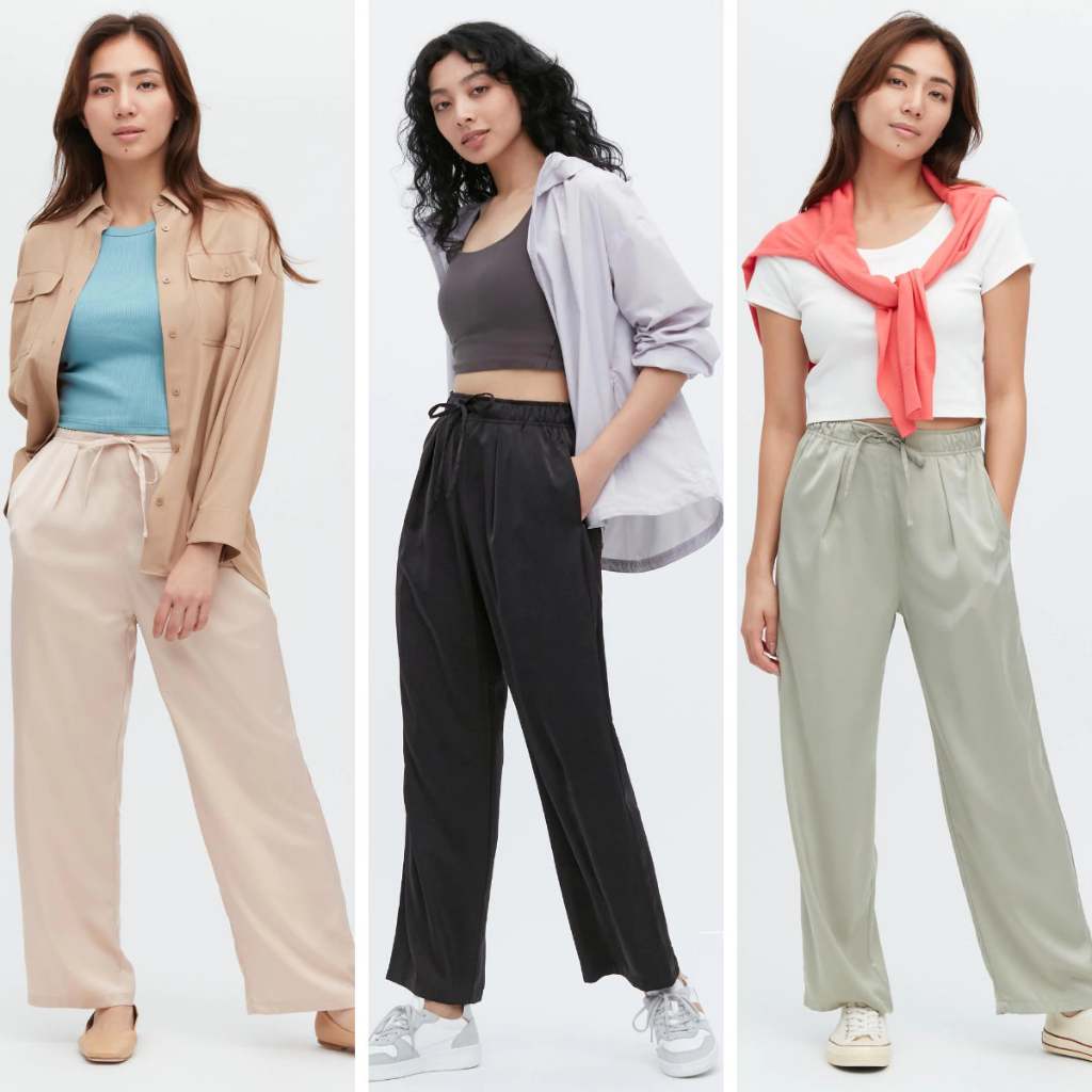 UNIQLO ยูนิโคล่ กางเกงผู้หญิงร่วมสมัยของผู้หญิงผ้าซาตินผ้าม่านกางเกงตรงเอวสูง