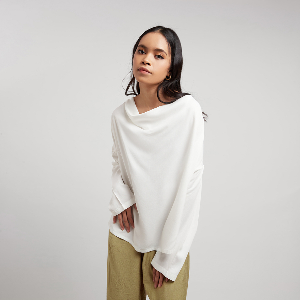 KEMEJA เสื้อคล้องคอรูป Cowl - สีขาว - เสื้อเสื้อแขนยาวสําหรับ Eid สําหรับผู้หญิง
