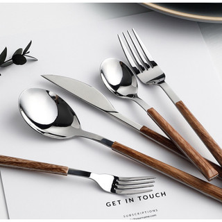 YHOME sendok garpu stainless korea wood grain handle kayu / cutlery set spoon fork knife steak tea spoon tea fork Y215