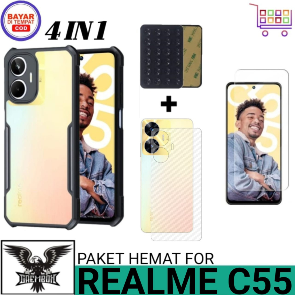 แพ็คเกจ 4IN1 CASE REALME C55 SOFT CASE ARMOR ฟรีกระจกนิรภัย + GARSKIN และ OCTOPUS