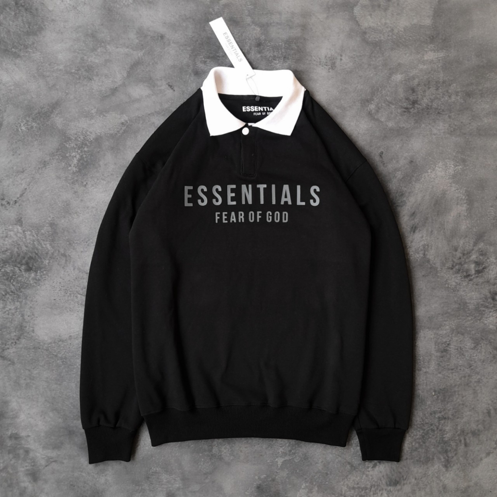 Hitam Rugby Essentials Fear Of God Sweater ป้ายปุ่มสีดํา