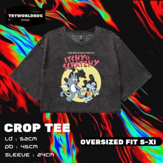 Tryworldbdg OFFICIAL "ITCHYO STRATCHY" CROP TOP โอเวอร์ไซซ์ | เสื้อครอป โชว์หลัง | เสื้อครอป ITCHYO SCRATCHY WASHING VINTAGE TEE