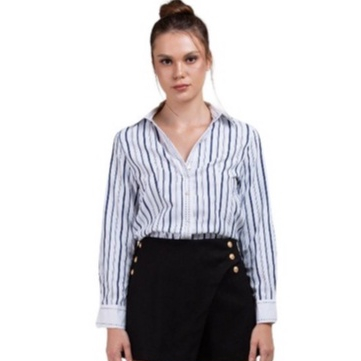 KEMEJA Avenue Womens Shirt - เสื้อเชิ้ตลายทางคอปกสีขาว - เสื้อเชิ้ตทํางานสํานักงานเกาหลี (SKU 23067)