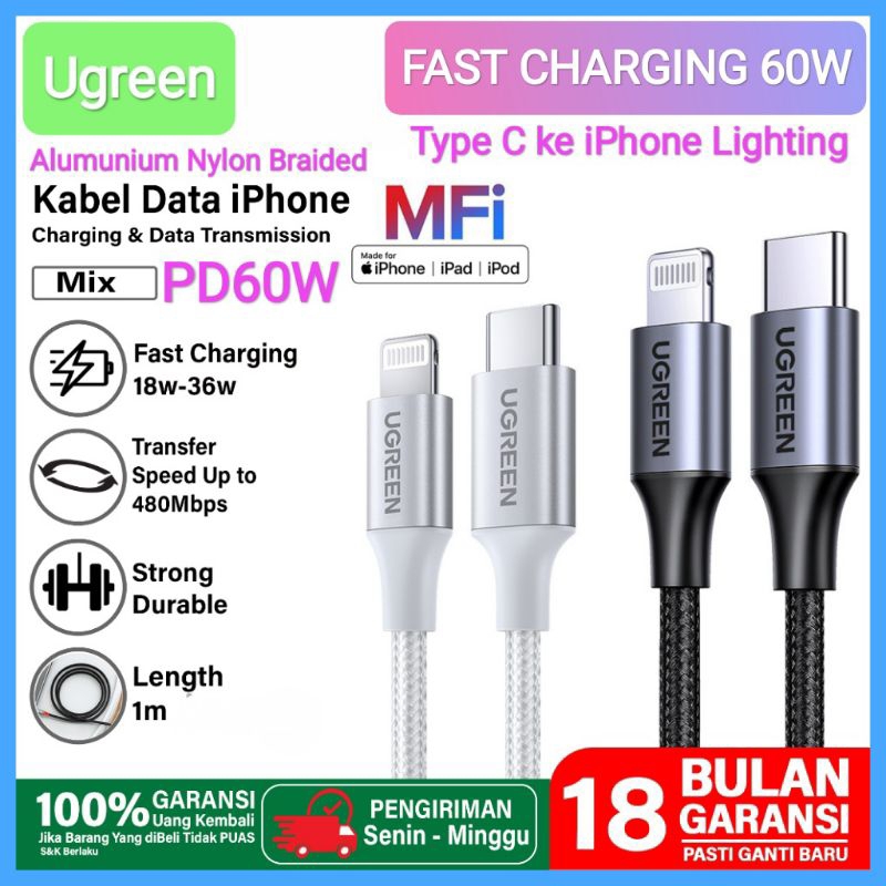 Ugreen Type C ถึง iPhone Lighting MFI Fast Charging PD60W สายเคเบิลข้อมูลไนลอนอลูมิเนียม