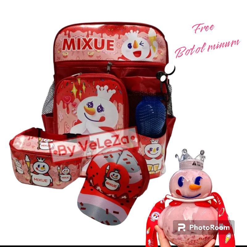 DBS 4in1 MIXUE BOTTLE กระเป๋าเป้สะพายหลังโรงเรียนสําหรับเด็กอนุบาลและประถมศึกษาเด็กการ์ตูนตัวอักษร M