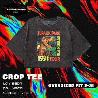 Tryworldbdg OFFICIAL "JURASSIC PARK" CROP โอเวอร์ไซซ์ด้านบน | เสื้อครอป โชว์หลัง | เสื้อยืด Jurassic PARK 1993 CROP TOP TOUR WASHING VINTAGE TEE