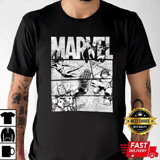 เสื้อยืด พิมพ์ลายการ์ตูน Marvel avengers สีดํา และสีขาว สไตล์เรโทร