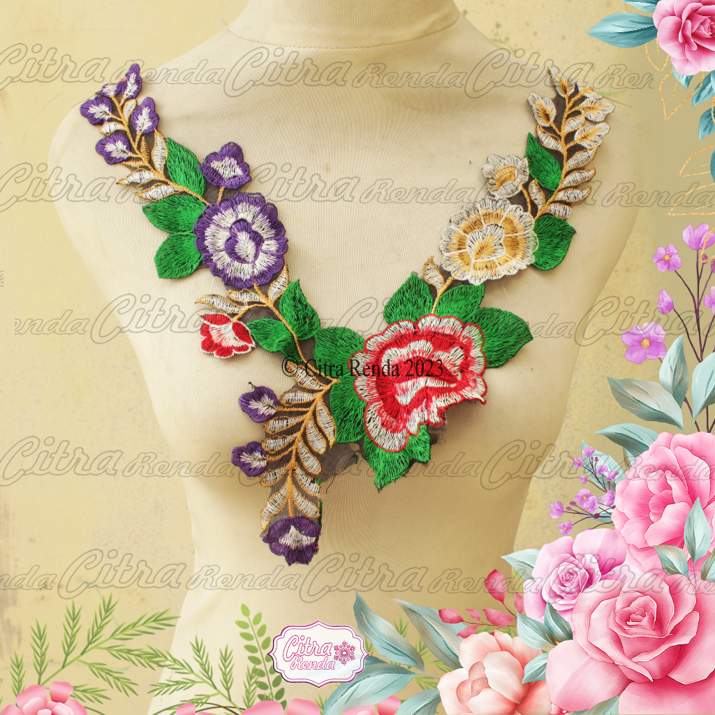 (Per Pcs) AP556 งานปักคอปก / แผ่นแปะคอ / ลูกไม้คอ สวยงาม Motif