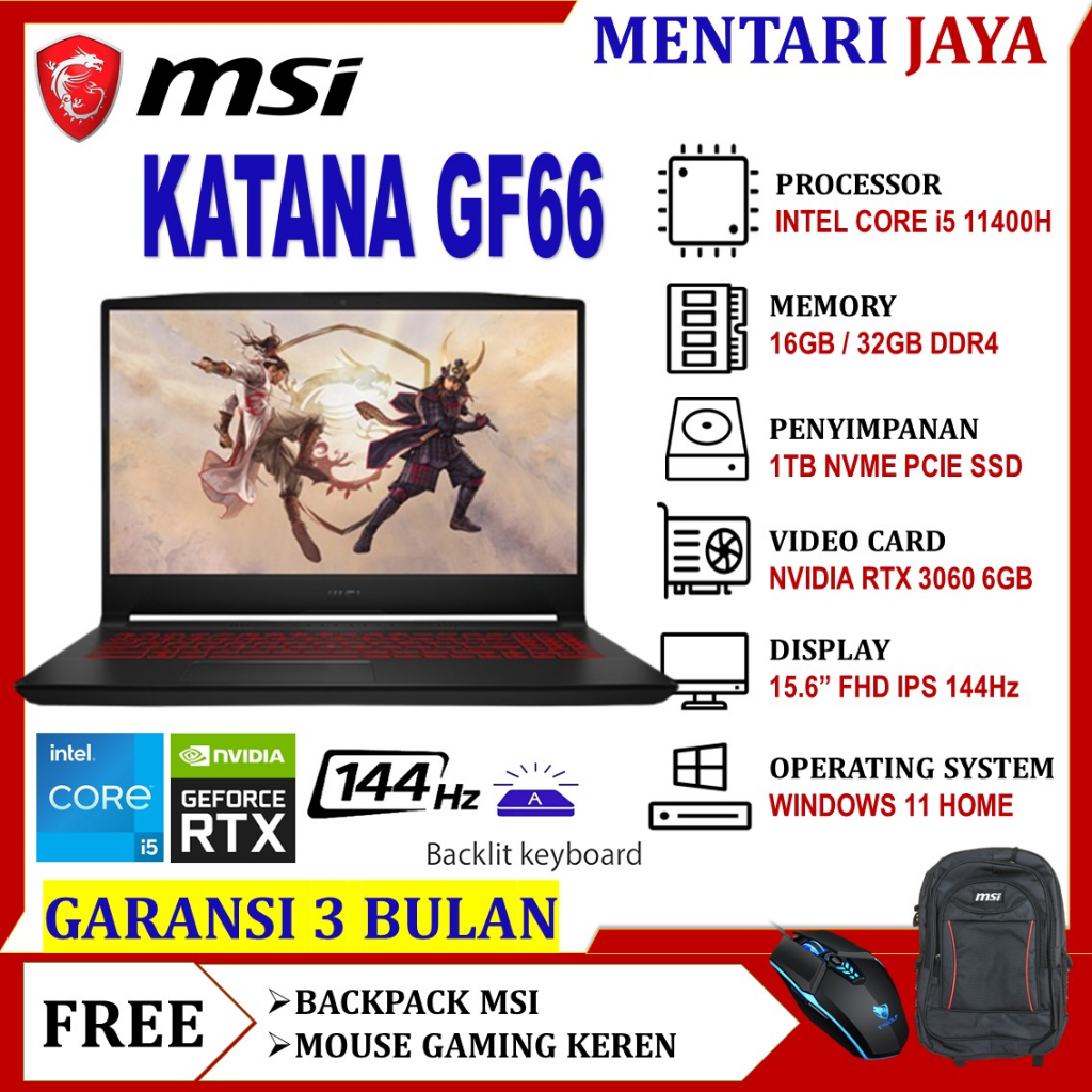 แล็ปท็อปเล่นเกม MSI KATANA GF66 i5 11400H 32GB 512SSD RTX3060-6GB 15.6 FHD 144HZ WIN11