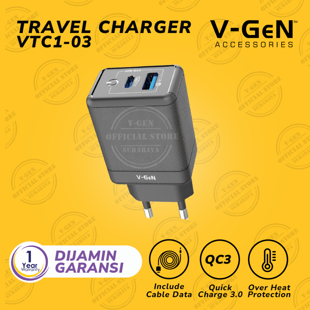 V-GeN VTC2-33 Fast Charging Type C QC 4 PD 45W Travel Charger Adapter