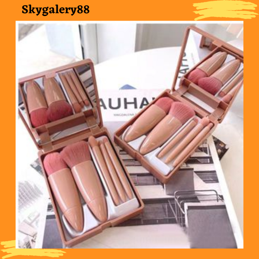 Oranges1688 [H457] Make Up Brush Portable Plus Mirror Make Up Brush Set บรรจุ 5
