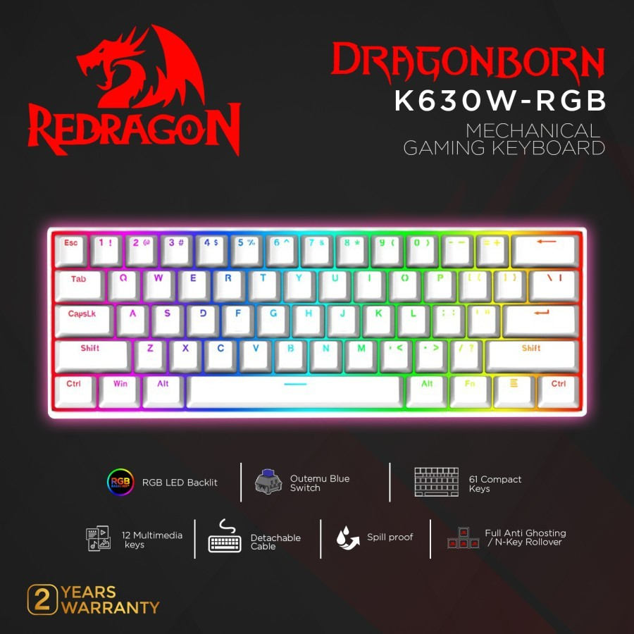 REDRAGON Reddragon Dragonborn White K630W RGB - คีย์บอร์ดเกมกล 60%