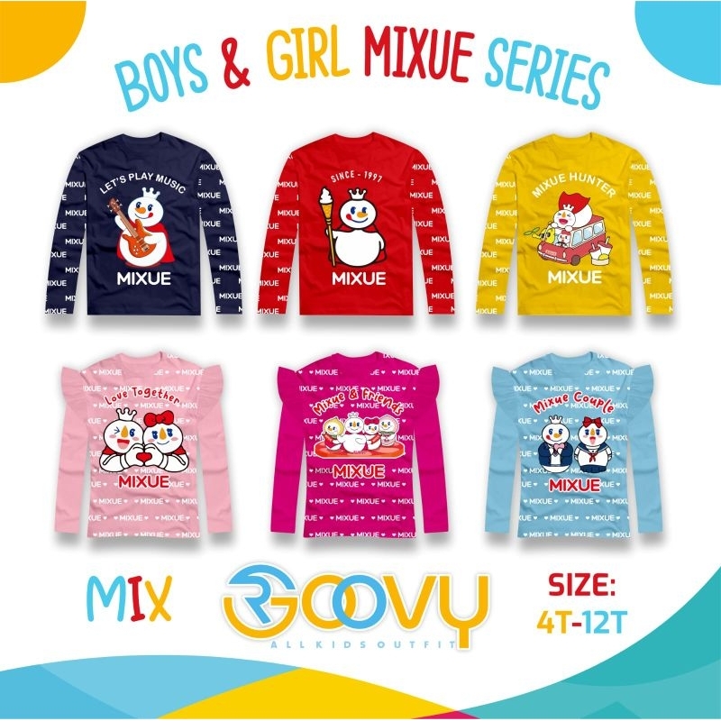 MERAH Groovy Boys & Girls เสื้อยืดแขนยาว Mixue Series เสื้อผ้าเด็กผู้หญิง 4-12 ปี READY GROOVE BOYS 