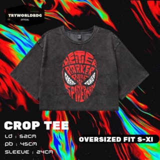 Tryworldbdg เสื้อครอปท็อป ลายสไปเดอร์แมน | เสื้อครอป โชว์หลัง | เสื้อยืด พิมพ์ลาย Spiderman WASHING VINTAGE TEE CROP